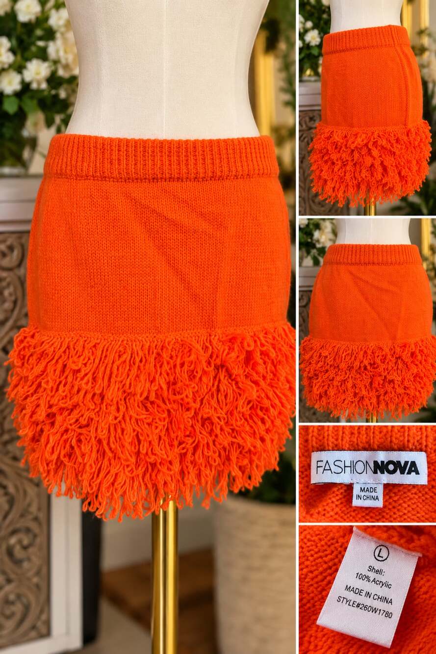 Fashion Nova Knit Mini Skirt Size L Orange Fringe Hem Sweater